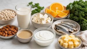 Calcium rich foods including yogurt milk tofu sardines collards white beans almonds and fortified plant milk on marble
