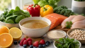 Bone broth salmon chicken citrus berries peppers greens beans and plain collagen powder in an unlabeled dish