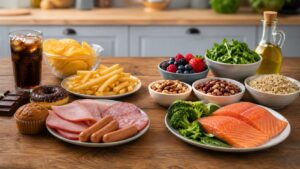 Processed snacks fries soda and processed meats contrasted with salmon beans berries greens nuts olive oil and whole grains