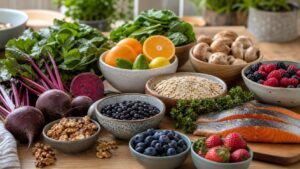 Beets, spinach, citrus, oats, beans, mushrooms, berries, walnuts, and salmon on a kitchen island