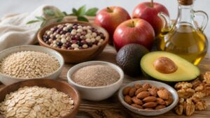 Oats, barley, beans, apples, avocado, almonds, walnuts, and olive oil arranged on a wooden table