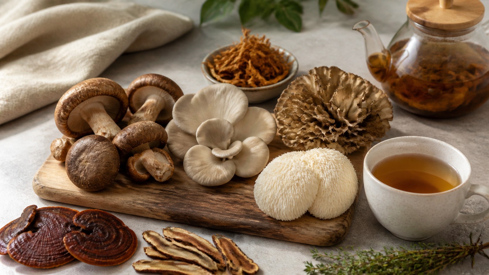 Shiitake oyster maitake lion's mane reishi slices dried mushrooms tea mug cutting board herbs and neutral kitchen counter