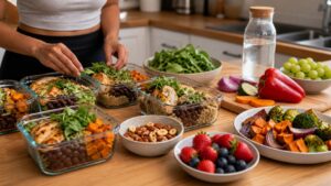 Prepared lunches with roasted vegetables, lean protein, beans, quinoa, fruit, nuts, and water on a kitchen counter