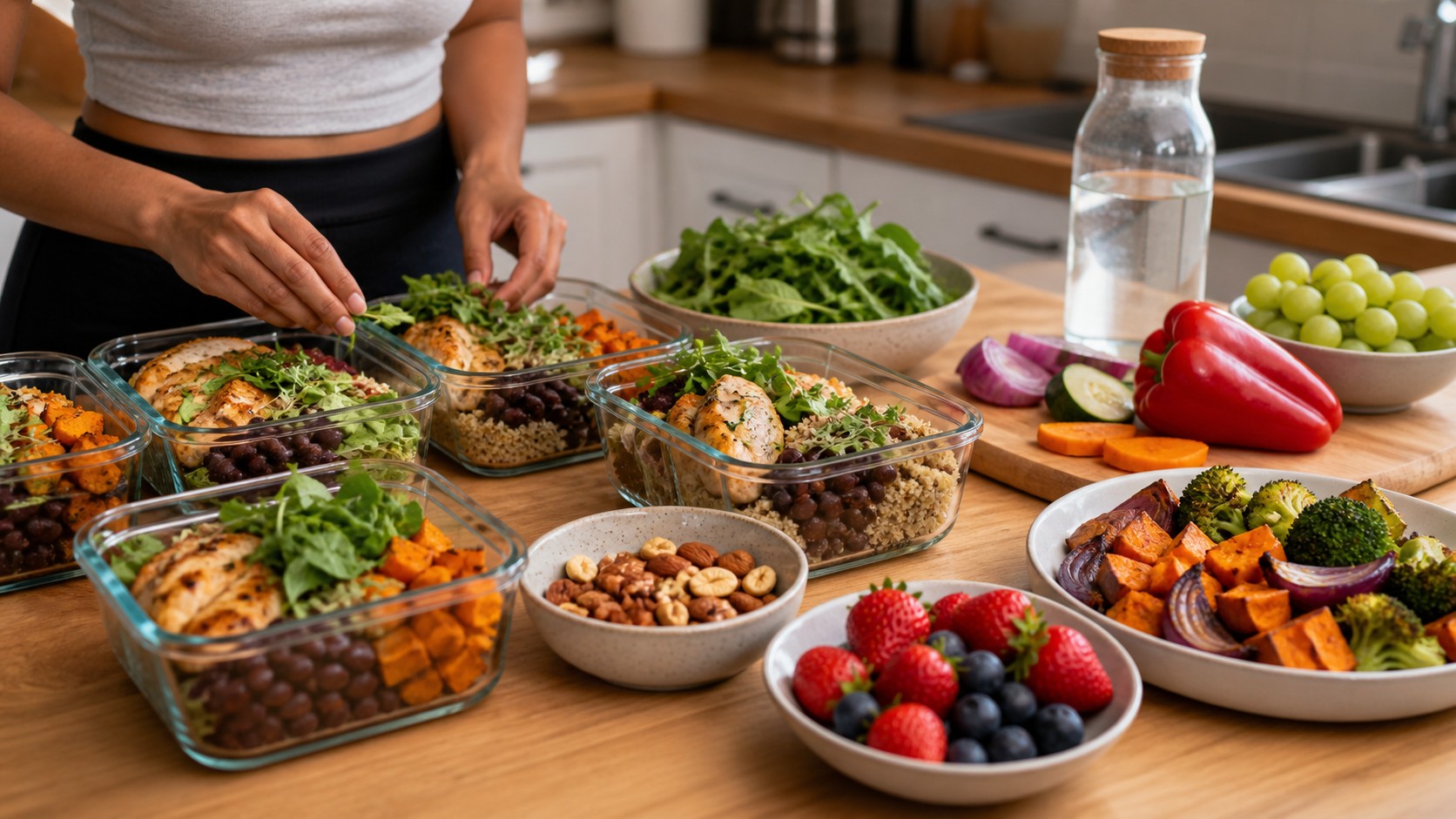 Prepared lunches with roasted vegetables, lean protein, beans, quinoa, fruit, nuts, and water on a kitchen counter