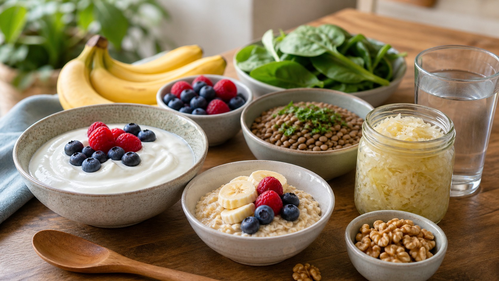 Yogurt oats berries bananas lentils leafy greens walnuts sauerkraut and water on a calm kitchen table