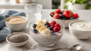 Chia pudding with berries banana yogurt oats water glass and a bowl of dry chia seeds on a bright kitchen counter