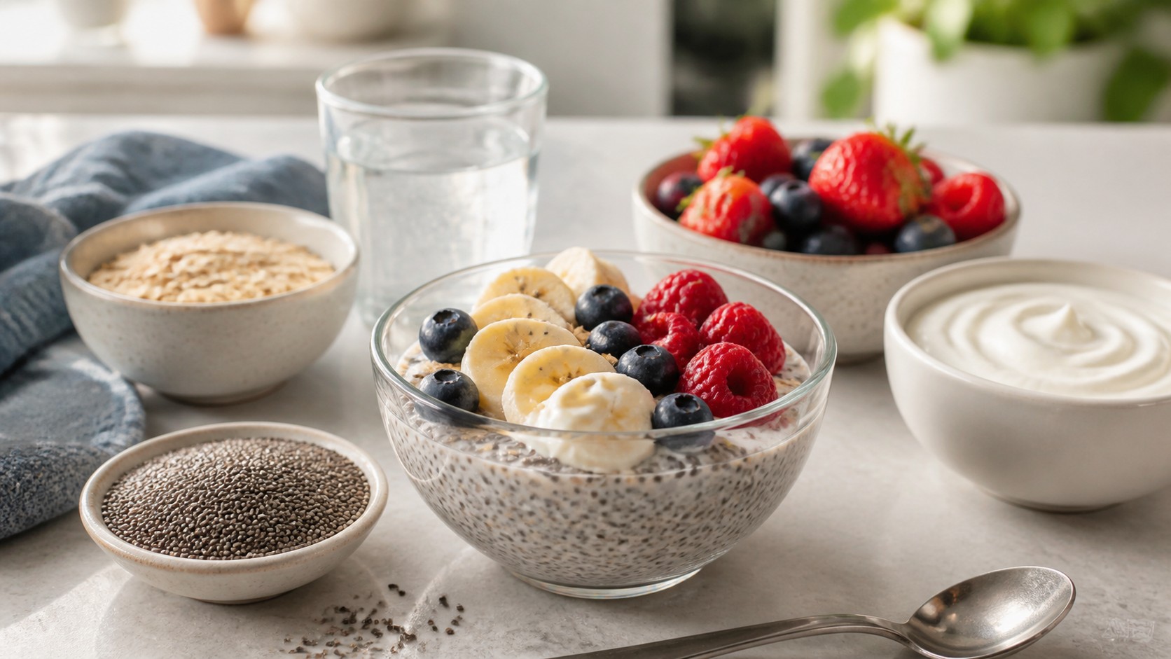 Chia pudding with berries banana yogurt oats water glass and a bowl of dry chia seeds on a bright kitchen counter