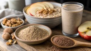 Ground flax meal whole flaxseeds oatmeal apple walnuts plain smoothie glass and wooden spoon on a rustic kitchen counter