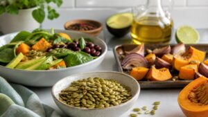 Green pumpkin seeds roasted squash spinach salad avocado beans lime olive oil and roasted vegetables on a kitchen counter