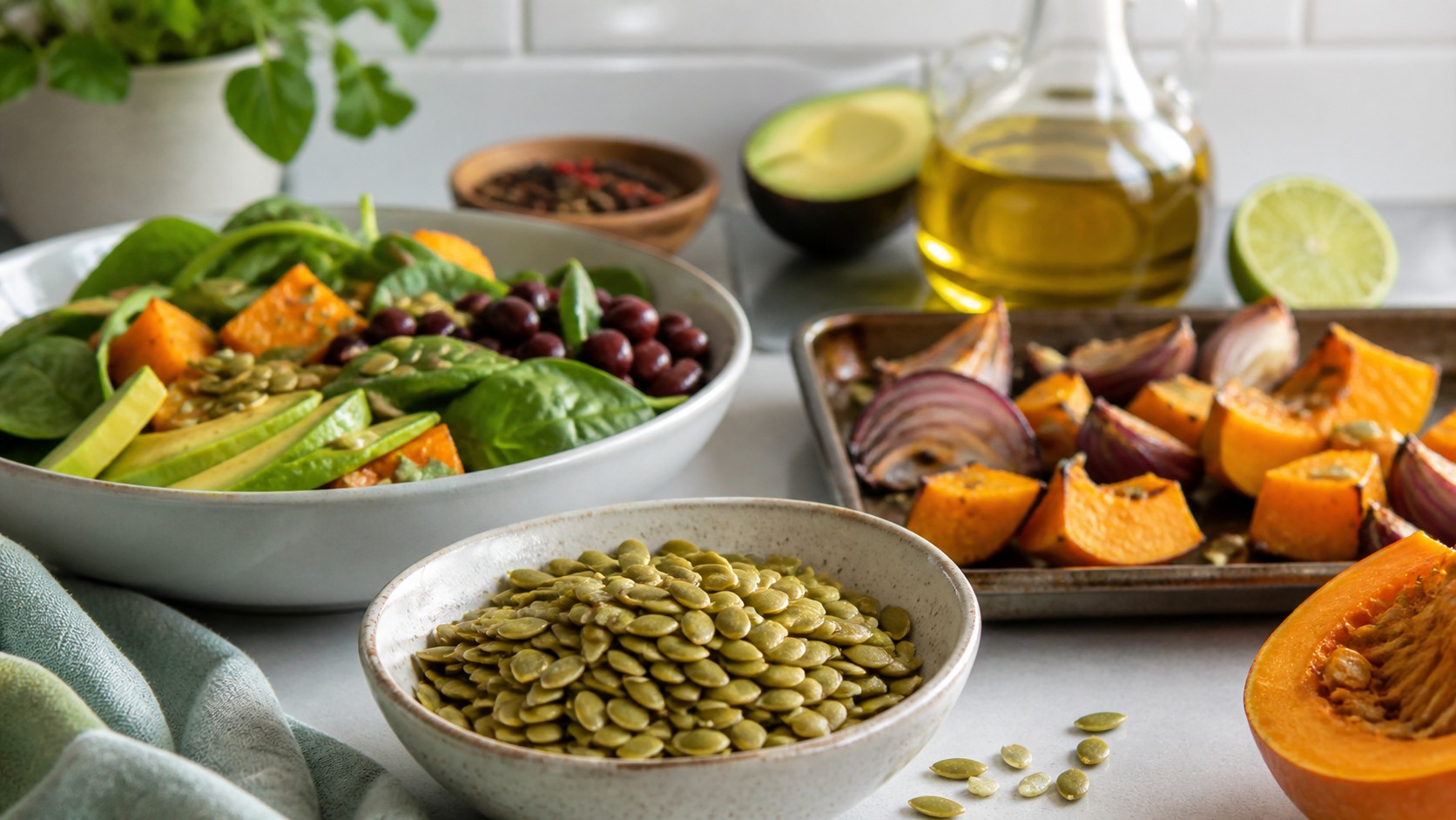 Green pumpkin seeds roasted squash spinach salad avocado beans lime olive oil and roasted vegetables on a kitchen counter