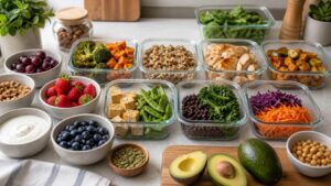 Meal-prep containers with vegetables, quinoa, chicken, tofu, beans, greens, berries, nuts, yogurt, and avocado on a counter