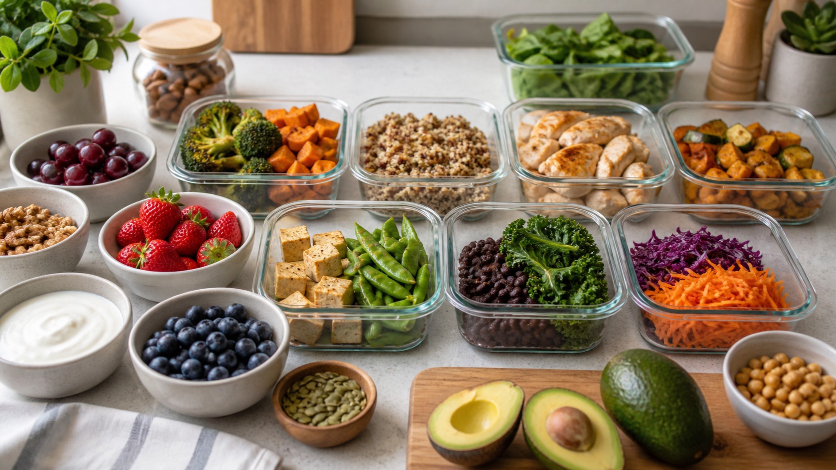 Meal-prep containers with vegetables, quinoa, chicken, tofu, beans, greens, berries, nuts, yogurt, and avocado on a counter