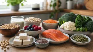 Soybeans, tofu, salmon, lentils, cruciferous vegetables, berries, flaxseed, yogurt, oats, and pumpkin seeds on a kitchen table