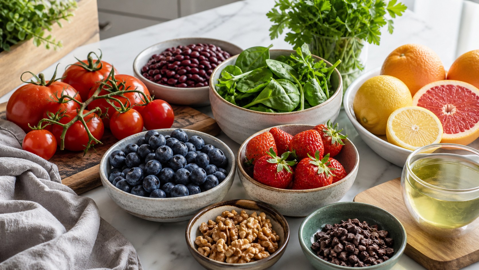Colorful antioxidant foods including berries tomatoes citrus greens beans walnuts green tea cocoa nibs and herbs on a bright kitchen counter