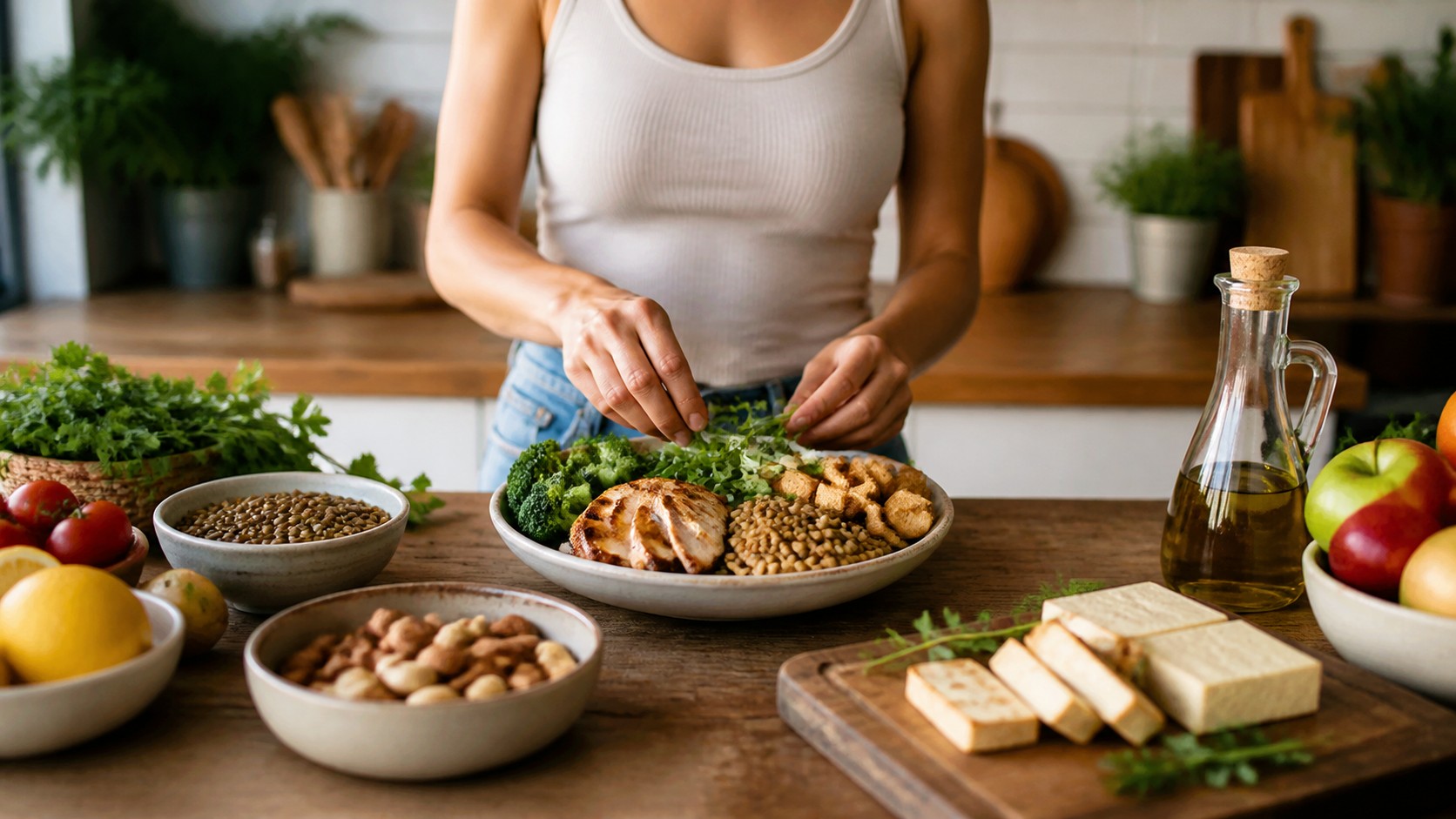 Meal bowl with lentils, grilled chicken, tofu, vegetables, fruit, nuts, herbs, and olive oil on a home kitchen island