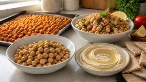 Cooked chickpeas roasted chickpeas hummus chickpea salad cucumber tomato parsley lemon and whole grain pita on a kitchen counter