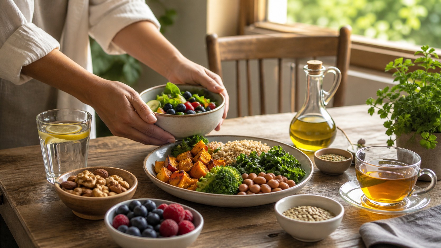 Hands setting down a bowl with beans greens roasted vegetables grains olive oil berries nuts water and tea near a window