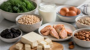 Bone density nutrition meal with tofu greens yogurt salmon beans almonds oranges and fortified milk on a wooden table