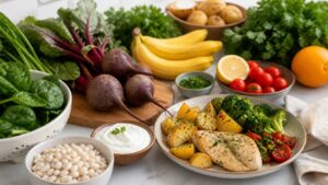 Leafy greens, beets, bananas, white beans, potatoes, tomatoes, citrus, yogurt, and herbs on a countertop