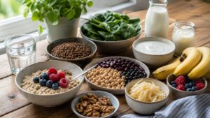 Oats beans lentils berries greens yogurt kefir sauerkraut walnuts bananas and water on a calm kitchen table
