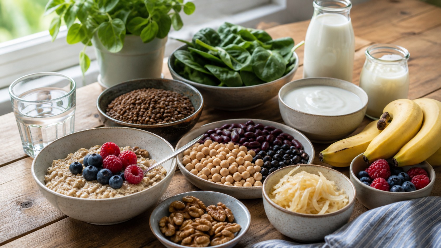 Oats beans lentils berries greens yogurt kefir sauerkraut walnuts bananas and water on a calm kitchen table