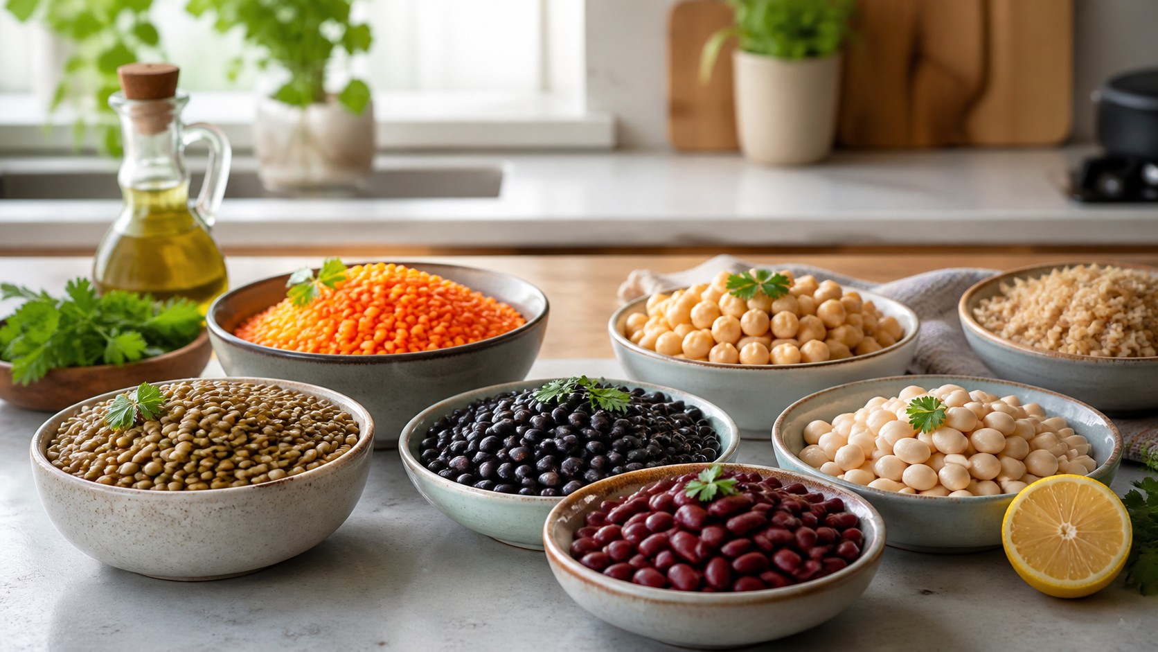 Bowls of lentils black beans kidney beans chickpeas white beans herbs lemon olive oil and whole grains on a bright kitchen counter