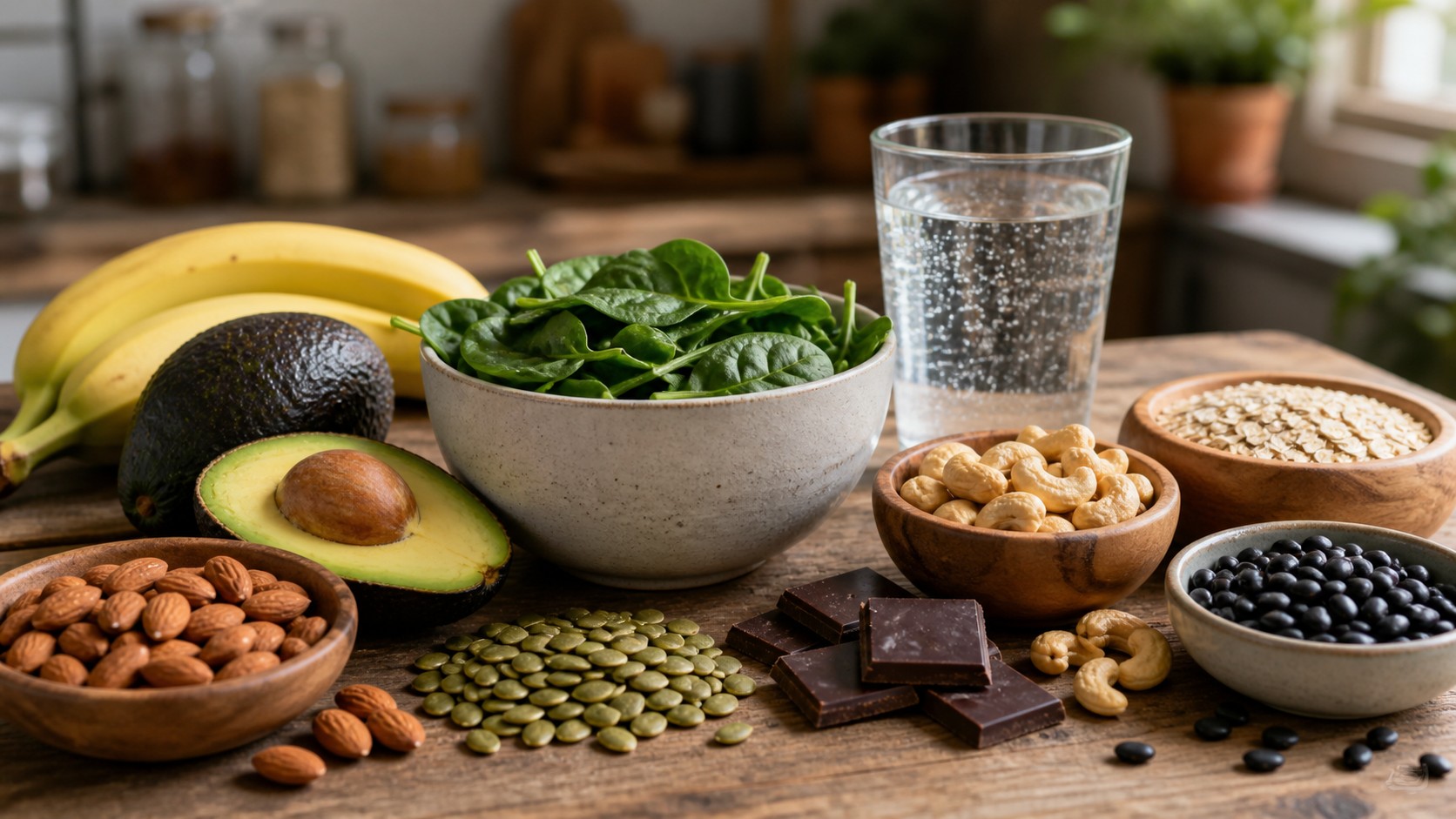 Pumpkin seeds almonds cashews black beans spinach oats dark chocolate avocado bananas and mineral water on rustic counter