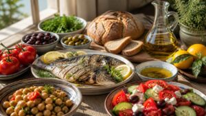 Grilled fish, chickpeas, tomatoes, cucumbers, olives, whole-grain bread, citrus, herbs, and olive oil on a sunlit table