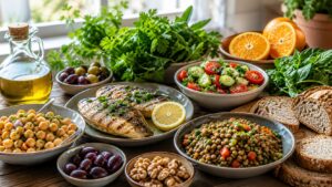 Mediterranean table with grilled fish chickpeas lentils tomatoes cucumbers herbs olives olive oil oranges walnuts and bread