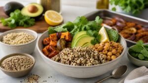 Cooked quinoa quinoa grains roasted vegetables chickpeas avocado greens lemon herbs and spoon on a bright kitchen counter