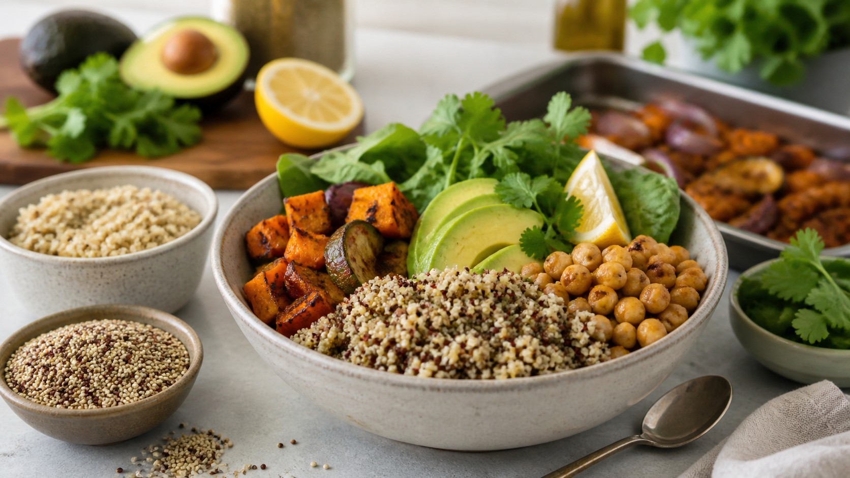 Cooked quinoa quinoa grains roasted vegetables chickpeas avocado greens lemon herbs and spoon on a bright kitchen counter