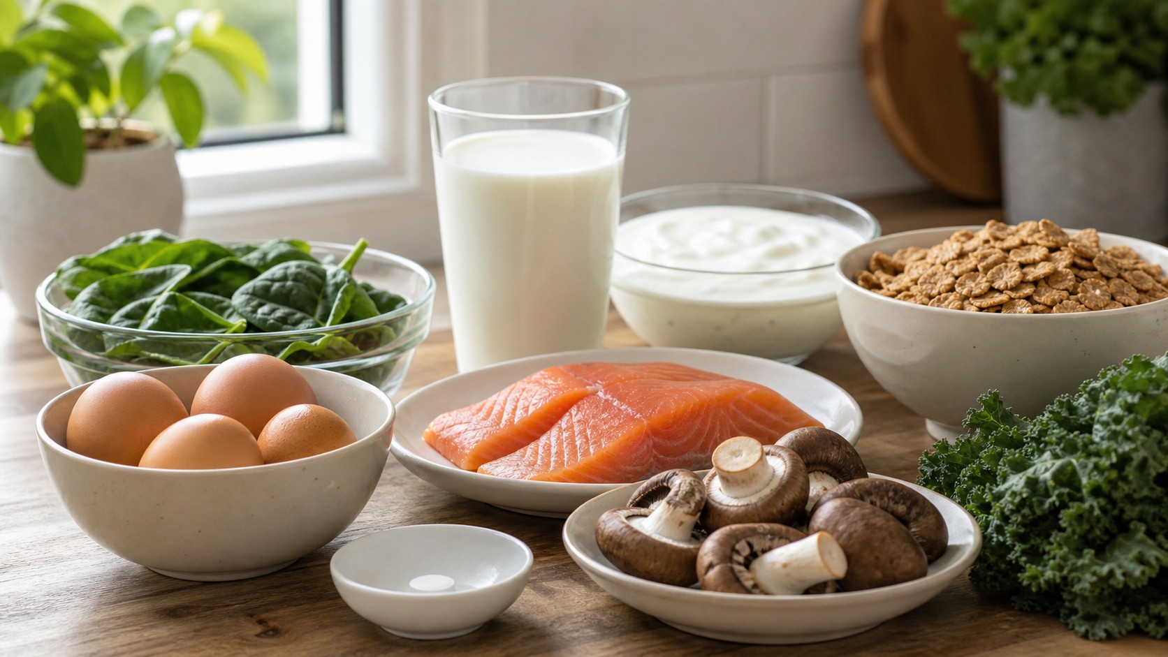 Eggs salmon milk yogurt fortified cereal mushrooms leafy greens and a small plain supplement dish on a clean table