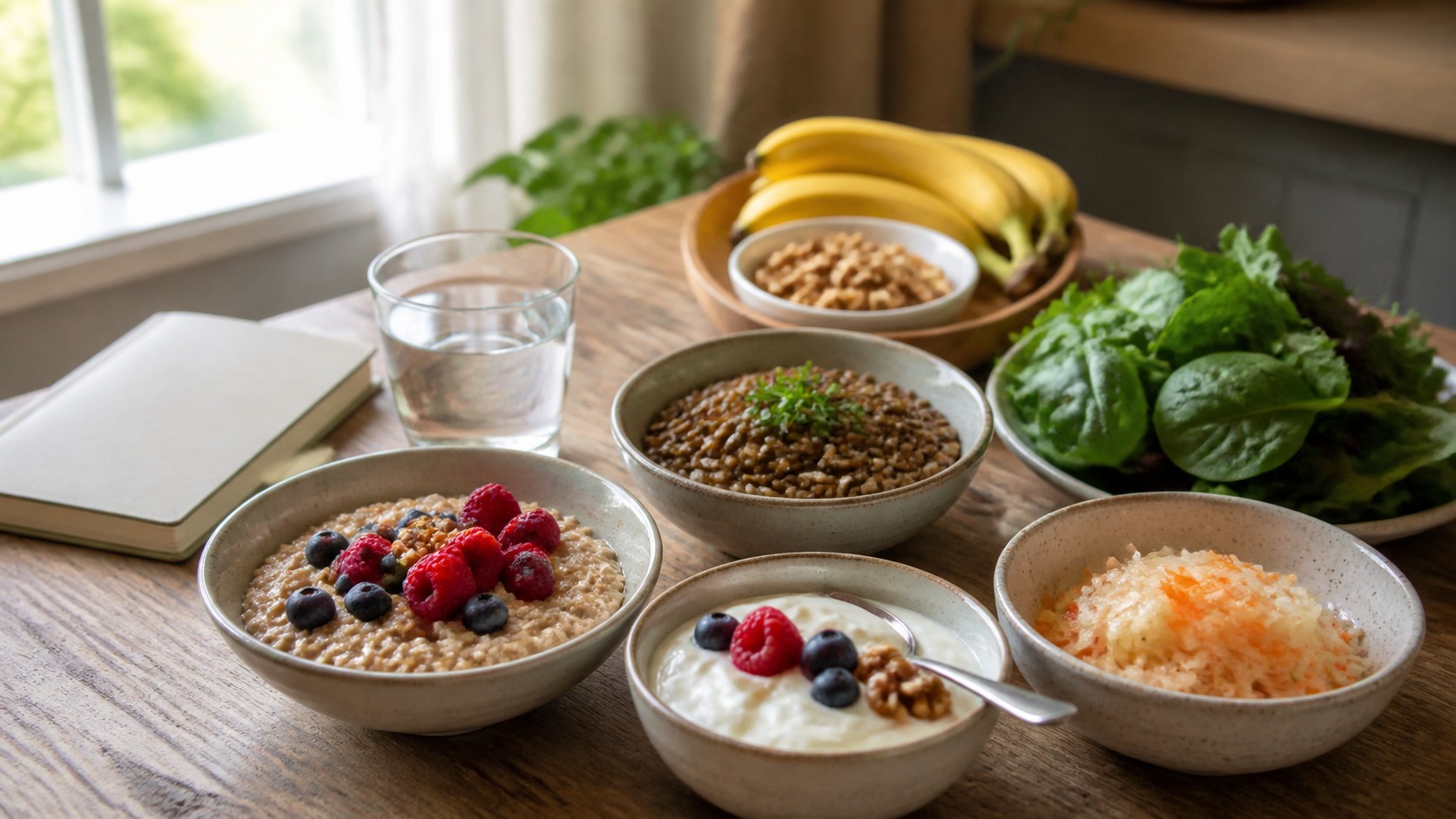 Oats berries yogurt lentils greens bananas walnuts fermented vegetables water and closed notebook on a calm table