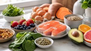 Skin and hair nutrition foods with salmon lentils citrus berries eggs avocado pumpkin seeds greens and water glass