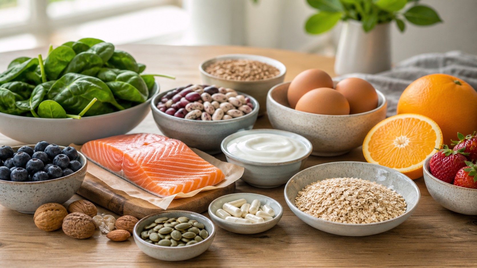 Greens salmon eggs beans yogurt citrus berries nuts pumpkin seeds whole grains and plain capsules on a neutral table