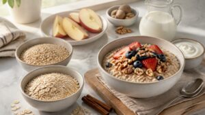 Rolled oats steel cut oats oatmeal with berries walnuts apple cinnamon yogurt and milk on a bright breakfast counter