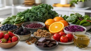 Blueberries strawberries blackberries oranges tomatoes kale spinach red cabbage beans walnuts green tea and dark chocolate