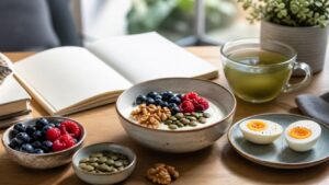 Yogurt with berries, walnuts, pumpkin seeds, boiled eggs, and green tea on a desk beside a blank notebook