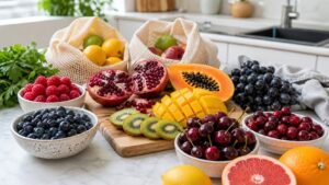 Washed superfruits on a kitchen island including berries pomegranate kiwi mango papaya cherries cranberries grapes and citrus