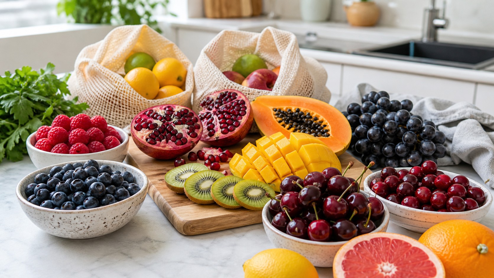 Washed superfruits on a kitchen island including berries pomegranate kiwi mango papaya cherries cranberries grapes and citrus