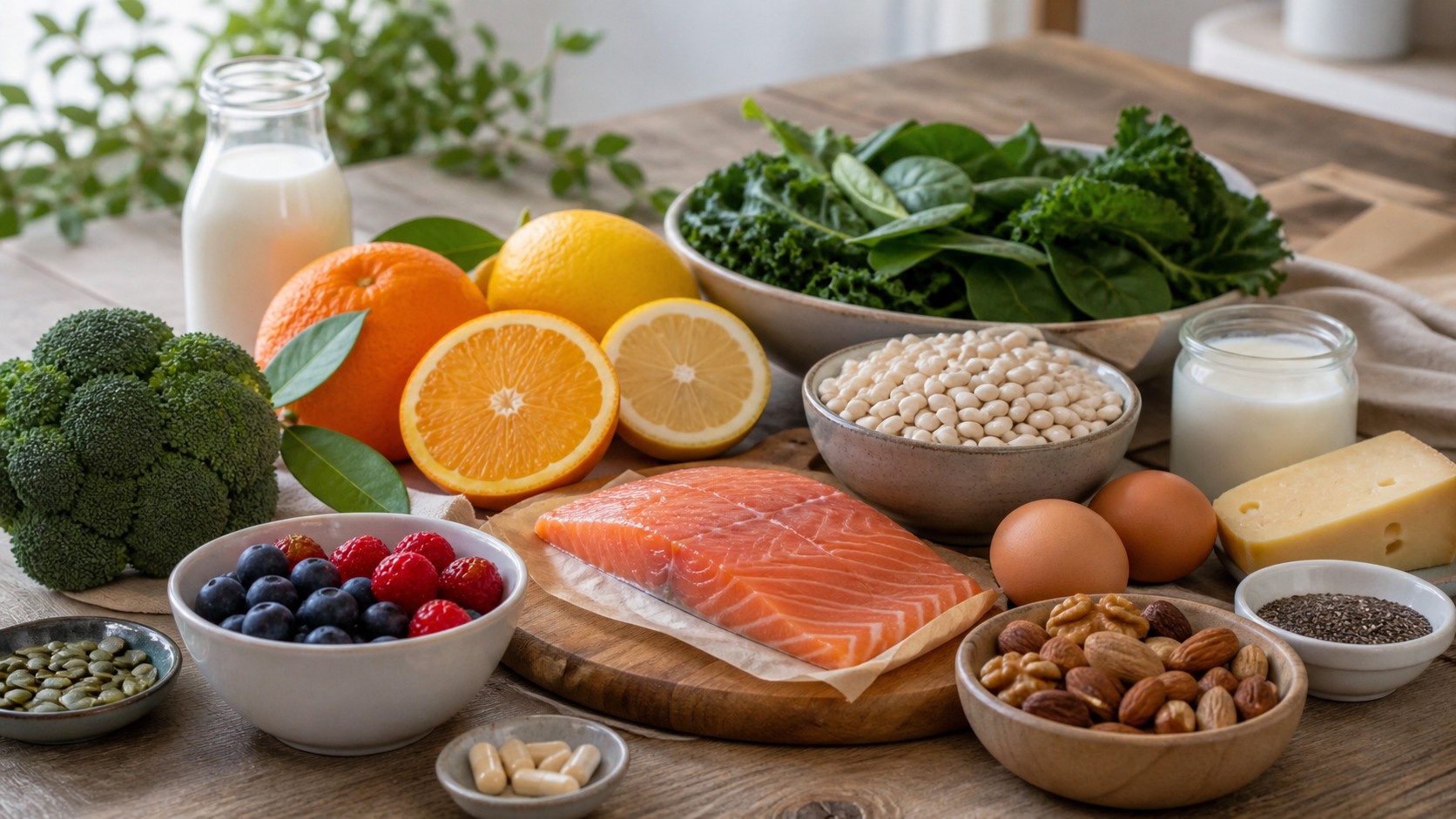 Milk citrus leafy greens beans salmon eggs nuts seeds berries and plain unlabeled capsules on a wooden table