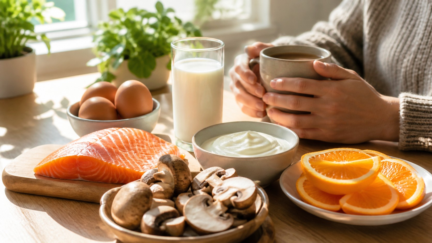 Salmon eggs milk mushrooms yogurt orange slices greens and hands holding a mug near a bright window
