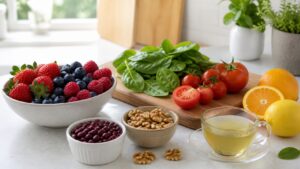 Berries greens tomatoes beans walnuts citrus and green tea arranged neatly on a simple clean kitchen counter
