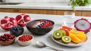 Pomegranate blueberries acai bowl goji berries kiwi citrus cranberries dragon fruit water glass and spoon on a neutral kitchen counter
