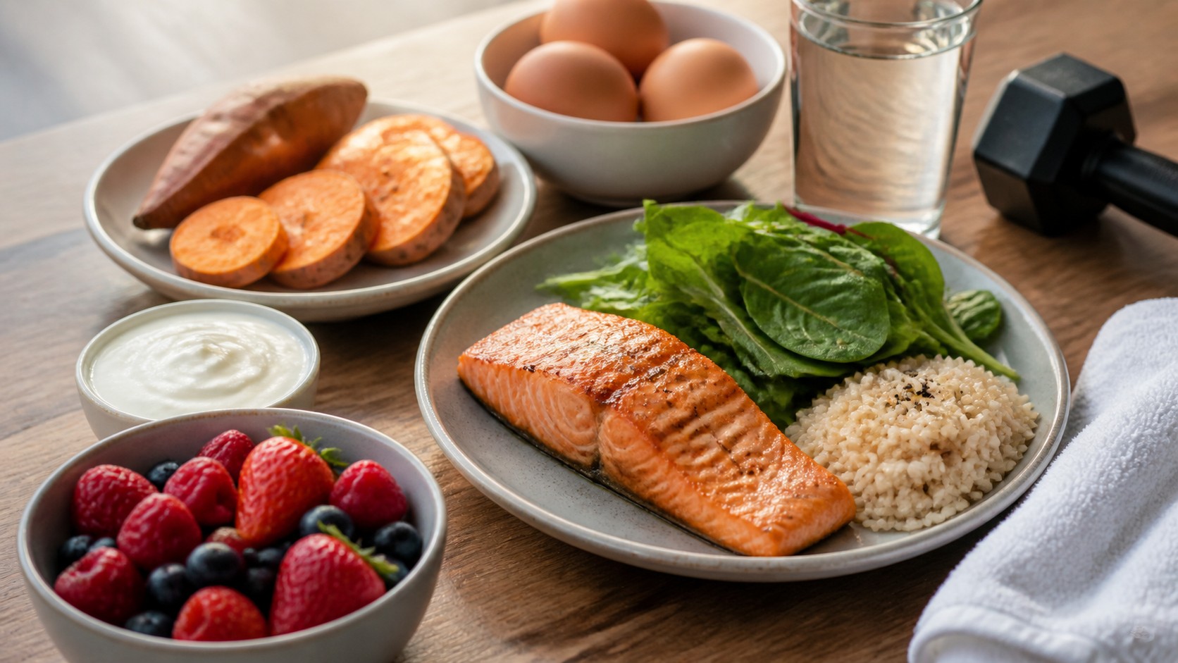 Post workout bowl with salmon rice vegetables yogurt berries water bottle and towel on a kitchen table