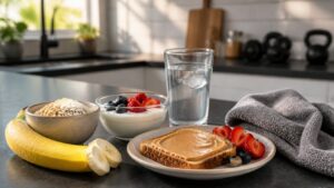 Banana toast oats berries yogurt water bottle and gym towel arranged on a clean counter before exercise